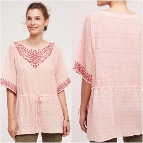 Anthropologie One September Euphemia Peasant Top Medium Tie Neck Pink Blouse M - Picture 1 of 8